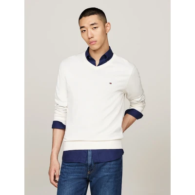 Abbildung von Tommy Hilfiger Herren Pullover Essential Cotton V Ausschnitt, Weiß (Ivory), XXL