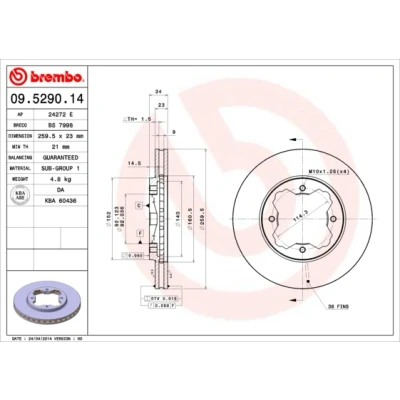 Abbildung von BREMBO 09.5290.14 Bremsscheibe 259 23 4 innenbelüftet HONDA: ACCORD 4, CIVIC 6 Hatchback, 5