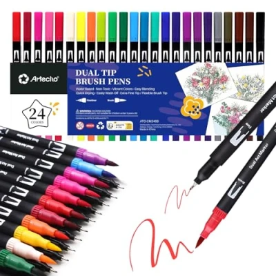 Abbildung von Artecho Dual Brush Pen Set 24 Farben, Filzstifte Dicke und Dünne, Pinselstifte set, Stifte für Bullet journal, Kalligraphie, Manga, Malbücher Handlettering