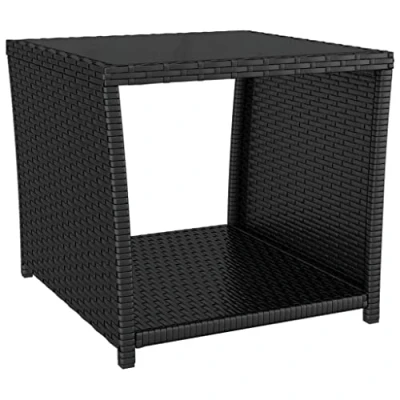 Abbildung von vidaXL Beistelltisch, Couchtisch mit Glasplatte, Wasserfest Sofatisch Tisch für Terrasse Garten, Kaffeetisch Teetisch, Schwarz Poly Rattan Akazienholz