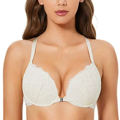 Abbildung von DOBREVA Damen Vorderverschluss BH mit Bügel Push Up Spitzen Neckholder BHS Racerback Tiefer Ausschnitt Gepolsterter Elfenbein 85E