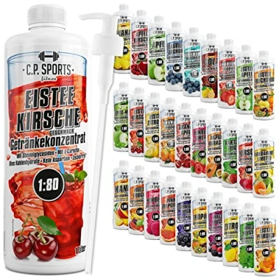 Abbildung von C.P. Sports Getränkesirup für Mineraldrink I Sirup zuckerfrei Vital Drink EISTEE KIRSCHE mit Vitaminen Getränkekonzentrat zum Mischen Wasser Sport Getränk 1 Liter + Pumpspender