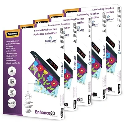 Abbildung von Fellowes Laminierfolien A4, glänzend, Laminierfolie mit 80 mic pro Seite, ImageLast Ausrichtungshilfe, für Heißlamination, Sparpack 500 hochwertigen (5 Pack à 100 Stück)