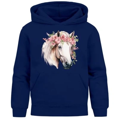 Abbildung von SpecialMe® Kinder Hoodie Mädchen Pferdekopf mit Blumen Mädchengeschenke Pferde Print Aufdruck Navy 152