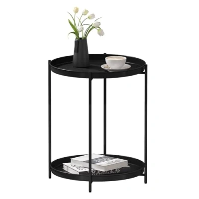 Abbildung von WOLTU Beistelltisch rund, Couchtisch mit Stauraum, 2 abnehmbare Tabletts, Wohnzimmertisch Nachttisch Sofatisch, Kleiner Tisch für Wohnzimmer Schlafzimmer, aus Metall, Schwarz, BTS17sz