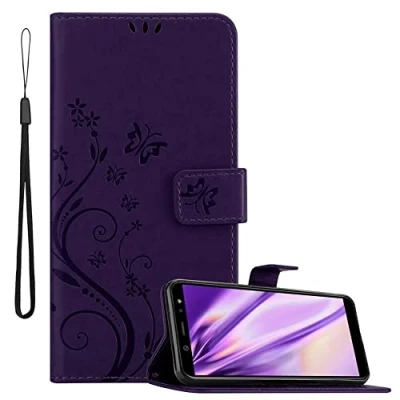 Abbildung von Cadorabo Hülle kompatibel mit Samsung Galaxy A6 2018 Blumen Design aus Kunst Leder Flip Klappbare Stoßfeste Magnetische [Standfunktion] [Kartenfächern] Cover für Tasche in Lila