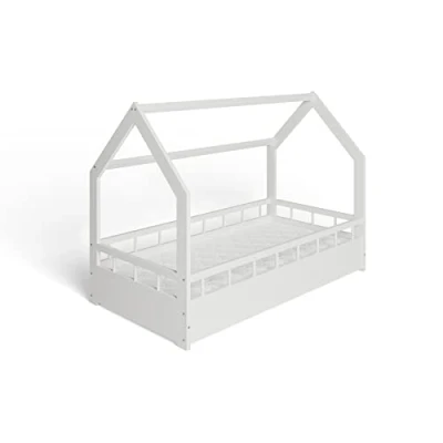 Abbildung von ms factory Hausbett mit Matratze Kinderbett 80x160 cm Rausfallschutz und Lattenrost Einzelbett aus Kiefernholz für Mädchen Junge Weiß
