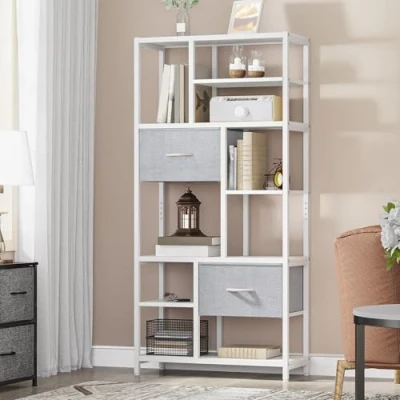 Abbildung von YITAHOME Bücherregal, 7 Regal Bücherregal mit Schubladen Boden bis zur Decke industrielle Stahlregal, geeignet für Wohnzimmer, Büro, Arbeitszimmer, Flur, Küche, Weiß