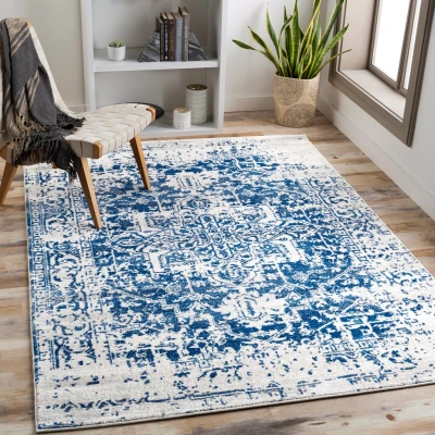 Abbildung von Surya Syracusa Vintage Teppich groß Teppiche Wohnzimmer, Esszimmer, Flur, Carpet Living Room Orientalischer Boho Style Bunter Muster, Navy, Medium Grey, Light Beige 140x200cm