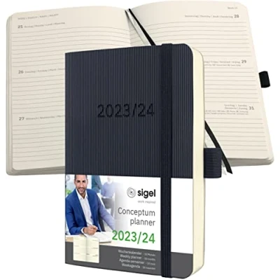 Abbildung von SIGEL C2507 Terminplaner Wochenkalender 2024/2025, ca. A6, schwarz, Softcover, 240 Seiten, Gummiband, Stiftschlaufe, Archivtasche, aus nachhaltigem Papier, 18 Monatskalender, Conceptum
