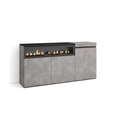 Abbildung von Skraut Home Sideboard, Highboard Kommode, Komodenschrank 150x75x35cm 3 Türen Elektrokamin. Maße Moderner Stil Zement