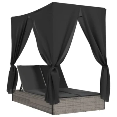 Abbildung von vidaXL Gartenliege Doppel Sonnenliege mit Dach und Vorhängen Grau Poly Rattan, 1 St.
