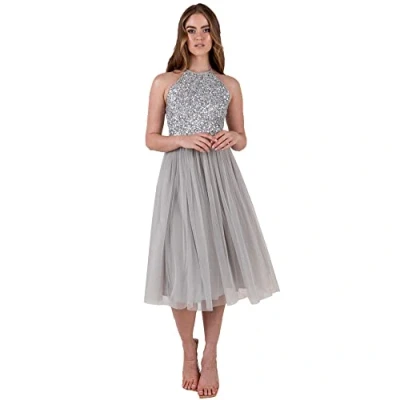 Abbildung von Maya Deluxe Damen Embellished Halter Neck Midi Bridesmaid Dress, Soft Grey, 34 EU