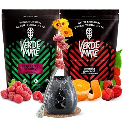 Abbildung von Set anregender Mate Tee mit Becher Guarana und Früchten Verde Green Energia Guarana, Raspberry Vitality Keramischer Brasilianischer Grüner 2x500g