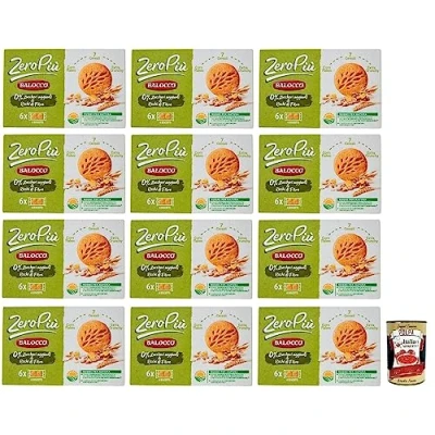 Abbildung von 12x Balocco Zero Più Biscotti Ohne Zuckerzusatz,Kekse mit Cornflakes, 7 Cerealien und Extra Crunchy,Packung 230g + Italian Gourmet Polpa di Pomodoro 400g Dose