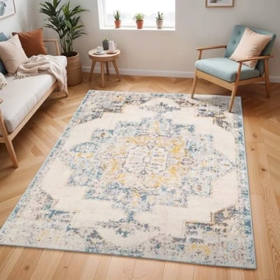 Abbildung von Surya Orlando Vintage Teppich groß Wohnzimmer 200x274 cm, Esszimmer, Schlafzimmer Orientalischer Boho Style Carpet Living Room, Bunter Muster, Blau, Senfgelb und Beige