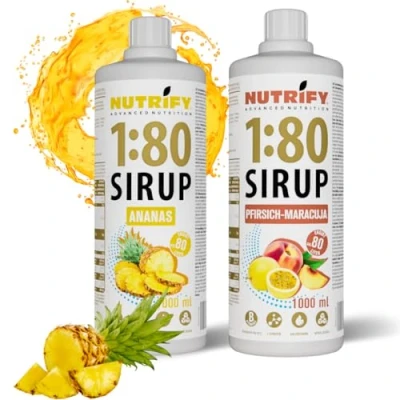 Abbildung von NUTRIFY Vital Fitness Drink 1:80 Sirup 2x1 L Set Pfirsich Maracuja &amp; Ananas, Getränkekonzentrat mit Vitaminen Carnitin zuckerfrei 160 Liter Sportgetränk kalorienarm 2er Pack, 2x 1000 ml