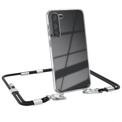 Abbildung von EAZY CASE kombinierbare Handyketten kompatibel mit Samsung Galaxy S23 Plus, Transparente Silikon Hülle stylischen Umhängeband, Abnehmbarer Karabiner, Umhängetasche, Schwarz Clips Silber