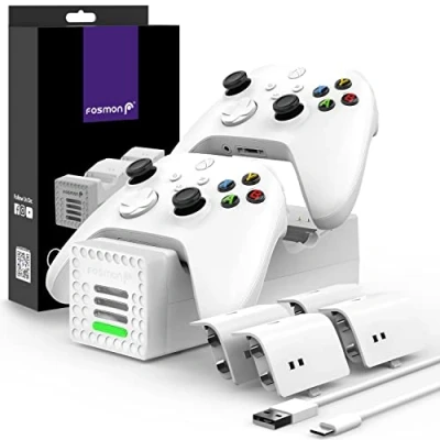 Abbildung von Fosmon Quad PRO 2 Ladestation Kompatibel Mit Xbox Series X/S Controllers (Nicht für One/360 /Elite 2), Dual Docking Station + Akku Ladegerät, 4 x 2200mAh Wiederaufladbare Batterie Weiß