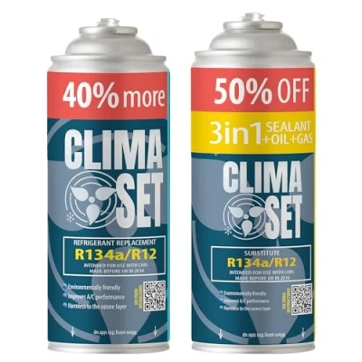 Abbildung von ClimaSet 3in1 R134a Kältemittel Ersatzgas Kühlmittel Klima Auto mit Dichtmittel und Öl Gasflasche 2x325 g Klimaanlage Nachfüllset Wohnmobil ECO