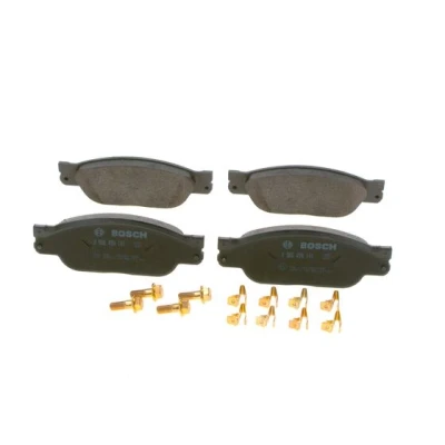 Abbildung von BOSCH 0 986 494 141 Bremsbelagsatz Low Metallic inkl. Verschleißwarnkontakt mit Montageanleitung, Anti Quietsch Blech, Schrauben