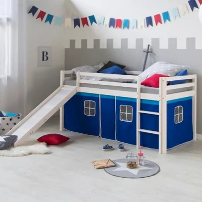 Abbildung von Homestyle4u Hochbett 90x200 cm Stockbett Kinderbett Holz Kiefer Spielbett mit Vorhang, Rutsche + Lattenrost
