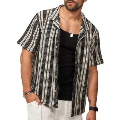 Abbildung von Soulstar Herren Hemd Kurzarm Strick Overshirt Knit Gestreiftes Freizeithemd T Shirt Regular Fit Vintage Sommer Look S2_Jellybeans Black XXL