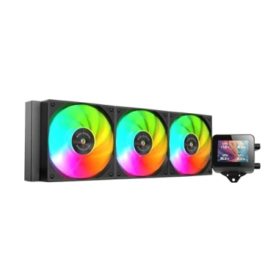 Abbildung von MARSGAMING ML VISION360, Flüssigkeitskühlung AIO, TDP 600W, 3x ARGB Lüfter mit Kupfer und Aluminium FDB Kern, 4:3 IPS LCD Display 360 Rotation Software, Universeller Multisockel, Schwarz