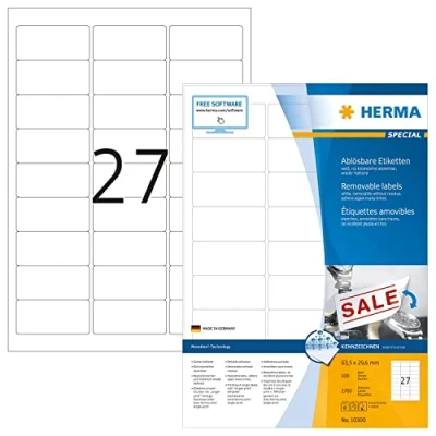 Abbildung von HERMA 10300 Universal Etiketten ablösbar, 100 Blatt, 63,5 x 29,6 mm, 27 pro A4 Bogen, 2700 Stück, selbstklebend, bedruckbar, matt, blanko Papier Klebeetiketten Aufkleber, weiß