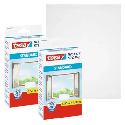 Abbildung von tesa Insect Stop STANDARD Fliegengitter für Fenster im 2er Pack Insektenschutz zuschneidbar Mückenschutz ohne Bohren 2 x Fliegen Netz weiß 150 cm 180, 1,5m:1,8m