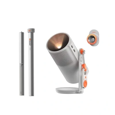 Abbildung von XGIMI MoGo 4 Mini Beamer Set mit Akku Smart Outdoor Heimkino PowerBase Ständer, 5h Laufzeit, Google TV &amp; Netflix, 360 450 ISO Lumen, 2x6W Harman Kardon