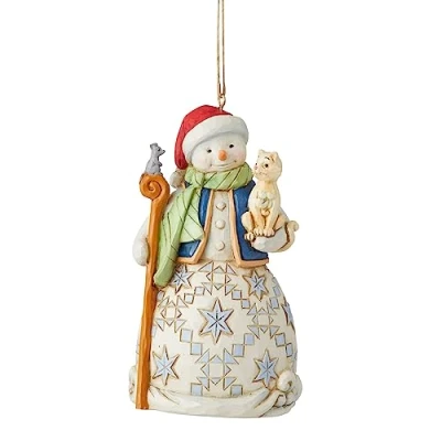 Abbildung von Enesco Jim Shore Heartwood Creek Hängedekoration in Form eines Schneemanns mit Katze, Mehrfarbig, 6011498 4,53 x 2,56 1,77 Zoll