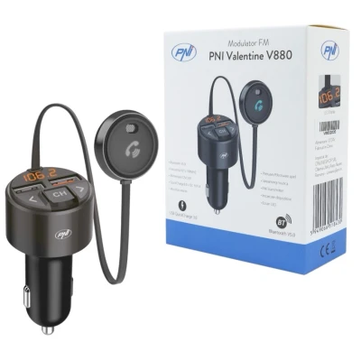 Abbildung von PNI Valentine V880 FM Modulator mit Mikrofon, Bluetooth 5.0, MP3 Player, Sender, Zwei USB Anschlüssen, schnelles Aufladen mobiler Geräte über QC3.0, kompatibel Siri und Google Assistant