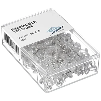Abbildung von Wedo 54249 Pinnadeln Diabolo Form, Länge 2,3 cm, Kopfdurchmesser 9 mm, Nadellänge 1,1 100 Stück in Klarsichtdose, glasklar