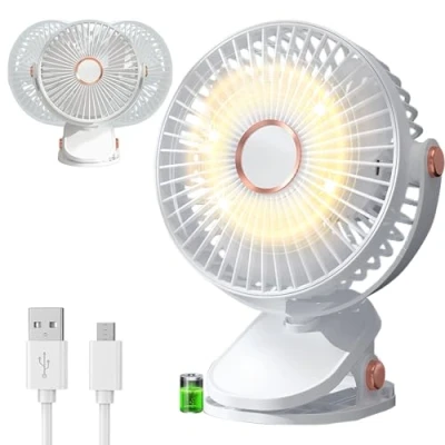 Abbildung von AHYDFSR USB Tischventilator, 360 Drehung Tragbarer Clip Ventilator, 3 Geschwindigkeiten, wiederaufladbar mit LED Lichtern, Leise Tischventilator für den Schreibtisch, Zuhause und Büro, Weiß