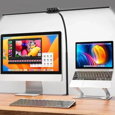Abbildung von EppieBasic 24W Doppelkopf Schreibtischlampe LED Dimmbar, 80cm Groß Klemmbar mit Touch, Augenschutz Schwanenhals Büro Tischlampe, Monitor Lampe, Arbeitsplatzleuchte, Timer Schwarz