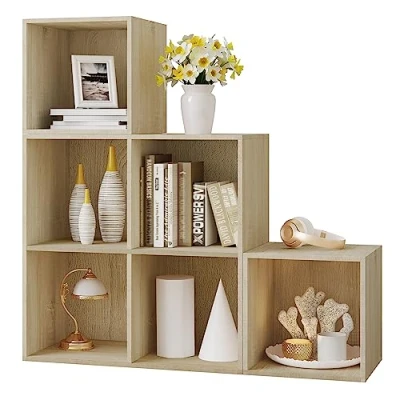 Abbildung von WOLTU Regal für Buch Spielzeug, Bücherregal mit 6 Fächern, Schrank Wohnzimmer Schlafzimmer, Raumteil aus Holzewerkstoff, Würfelregal Stufenregal 90x90x30 cm, helle Eiche, SK027hei