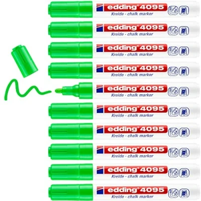 Abbildung von edding 4095 Kreidemarker hell grün 10 Kreidestifte Rundspitze 2 3 mm Kreidestift für Tafel abwischbar zum Beschriften von Fenster, Glas, Spiegel Tafelstift mit deckenden Farben