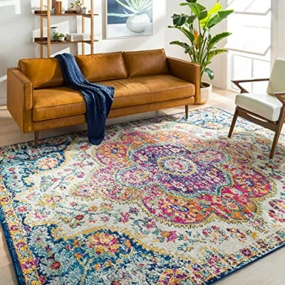 Abbildung von Surya Rabat Vintage Teppich groß Wohnzimmer 160x230cm, Esszimmer, Schlafzimmer Orientalischer Boho Style Carpet Living Room, Bunter Muster, Fuchsie, Gebranntes Orange, Senfgelb