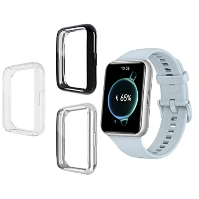 Abbildung von Onetuo Schutzhülle Kompatibel mit HUAWEI Watch FIT 2, Flexibles TPU Vollschutz schutzfolie Kratzfest Displayschutz Schutz Hülle Für 2 smartwatch (Schwarz+Clear+Silber)