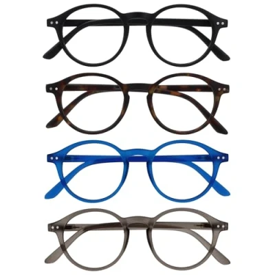 Abbildung von OPULIZE REY Lesebrille 4er Pack Runder Retro Rahmen Mattschwarz, Braunes Schildpatt, Blau, Grau Herren Damen Federscharniere RRRR56 1237 +3.00