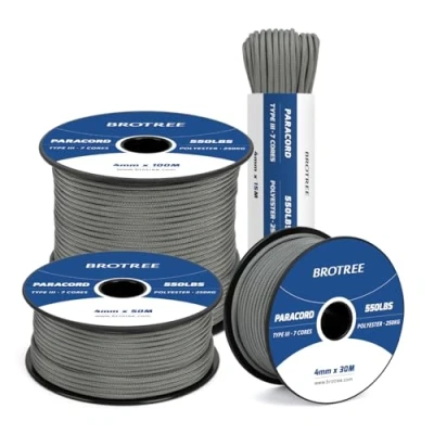 Abbildung von Brotree 550 Paracord 4mm 100m Schnur 100% Polyester Seil Reißfest Typ III 7 Kern für Armbänder, Basteln, Outdoor, Camping, Survival Kohlengrau