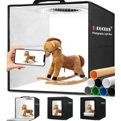 Abbildung von DUCLUS Fotobox zum Fotografieren, 30x30 cm Photobox Produktfotografie, Faltbare Mini Fotostudio Set mit Dimmbare 112 LEDs, 8 Glänzende Hintergründe für Lichtzelt Schmuck Kleine Gegenstände