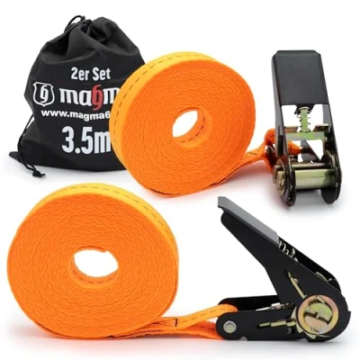 Abbildung von MAGMA 2 Spanngurte mit Ratsche 3,5m I Befestigungsriemen, Dachträger, Anhänger Längenverstellbare Spannriemen Binden Sie Kajak, Surfbrett, Kanu, Fahrrad, Motorrad Last: 1600kgf/Unit. Orange