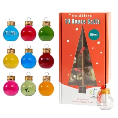 Abbildung von THE TWIDDLERS 10 Weihnachtskugeln für Spirituosen &amp; Liköre, Ornamente mit Aufklebern, Füllbare klare Xmas Baum Geschenk Dekorationen, zu Weihnachten, Personalisierte 50ml