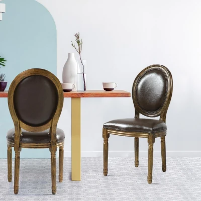 Abbildung von Louis XVI Set mit 2 Medaillon Stühlen, Golden Patiniertes Holz &amp; Kunstleder Braun Menzzo