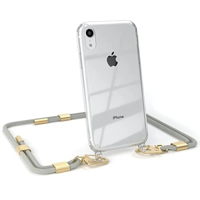 Abbildung von EAZY CASE kombinierbare Handyketten kompatibel mit iPhone XR, Transparente Silikon Hülle stylischen Umhängeband, Abnehmbarer Karabiner, Band, Gurt zum wechseln, Taupe Clips Gold