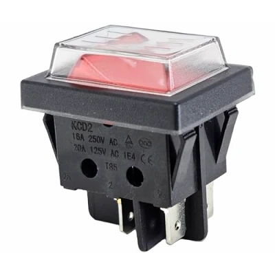 Abbildung von Wippenschalter mit Wasserdichte Abdeckung 2 polig (4pin) 16A 250VAC 30x22mm Rote Wippe beleuchtet