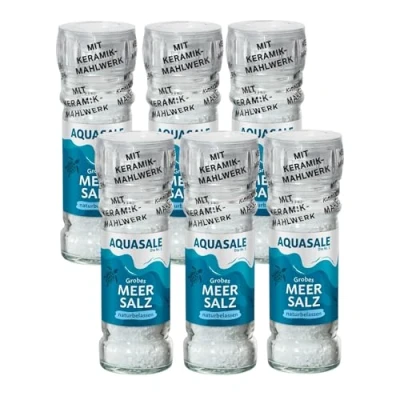 Abbildung von Aquasale Grobes Meersalz Salz Mühle 6x100g naturbelassen Meersalzkristalle in der Glasmühle mit Keramikmahlwerk Vorratsverpackung Großverpackung