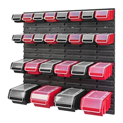 Abbildung von PAFEN Stapelbox Wandregal 772 x 780 mm Lagersystem 26 Stück Boxen mit Deckel Lagerregal Sichtlagerkästen Schüttenregal, Schwarz/Rot